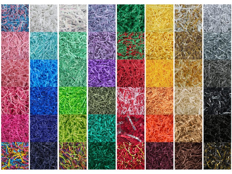 Collage of crinkle cut paper shred filler in many colors, arranged in a grid.
