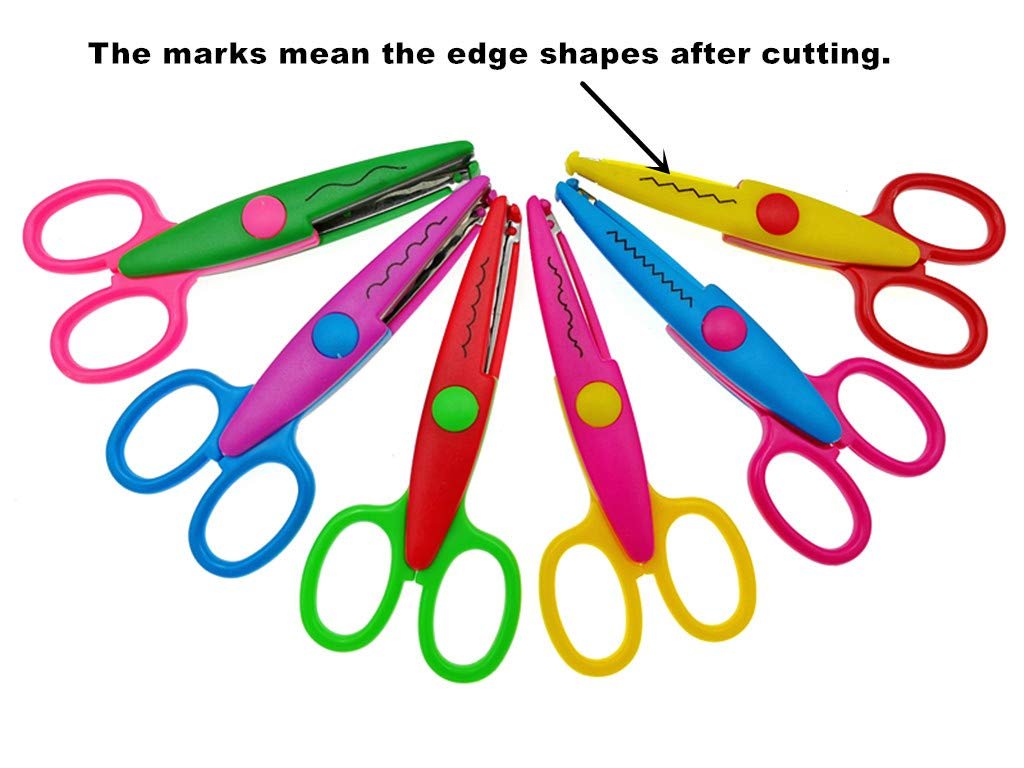 Set of six colorful craft scissors with different blade shapes arranged in a fan on a white background.