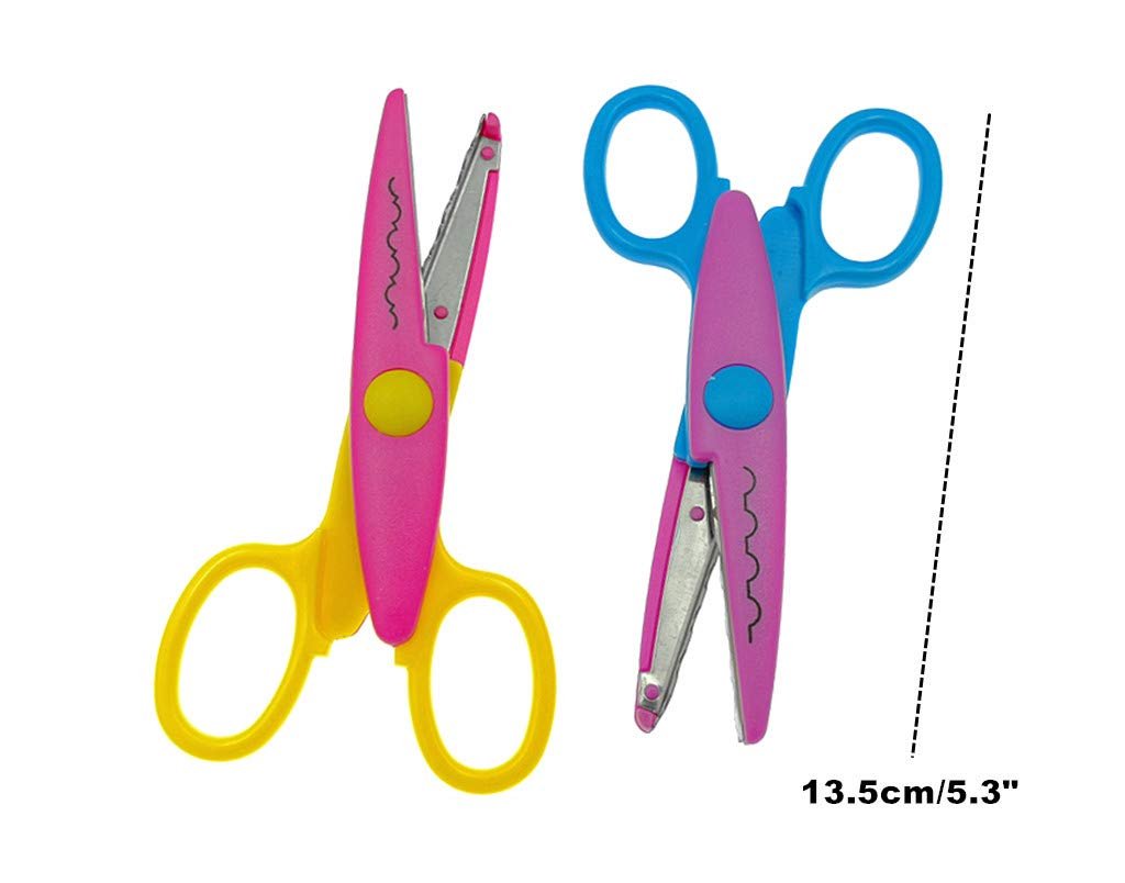 Two wavy-edge scissors, one yellow and pink, the other blue and pink, shown against a white background with a size indicator.