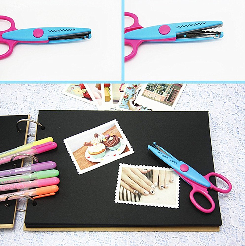 Set of pink and blue wavy edge scissors on a black scrapbook page with photos and pens