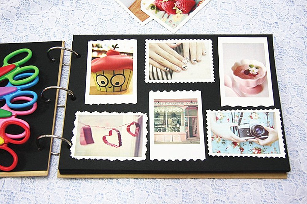 Scrapbook page with various photos including a cupcake, manicured nails, a dessert, hearts, a cafe, and a camera.