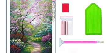 Diamond painting kit with a scenic landscape of a tree-lined path and a white bench, plus tools.