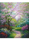 Diamond painting canvas depicting a serene garden path lined with blooming trees and flowers, leading to a white bench.
