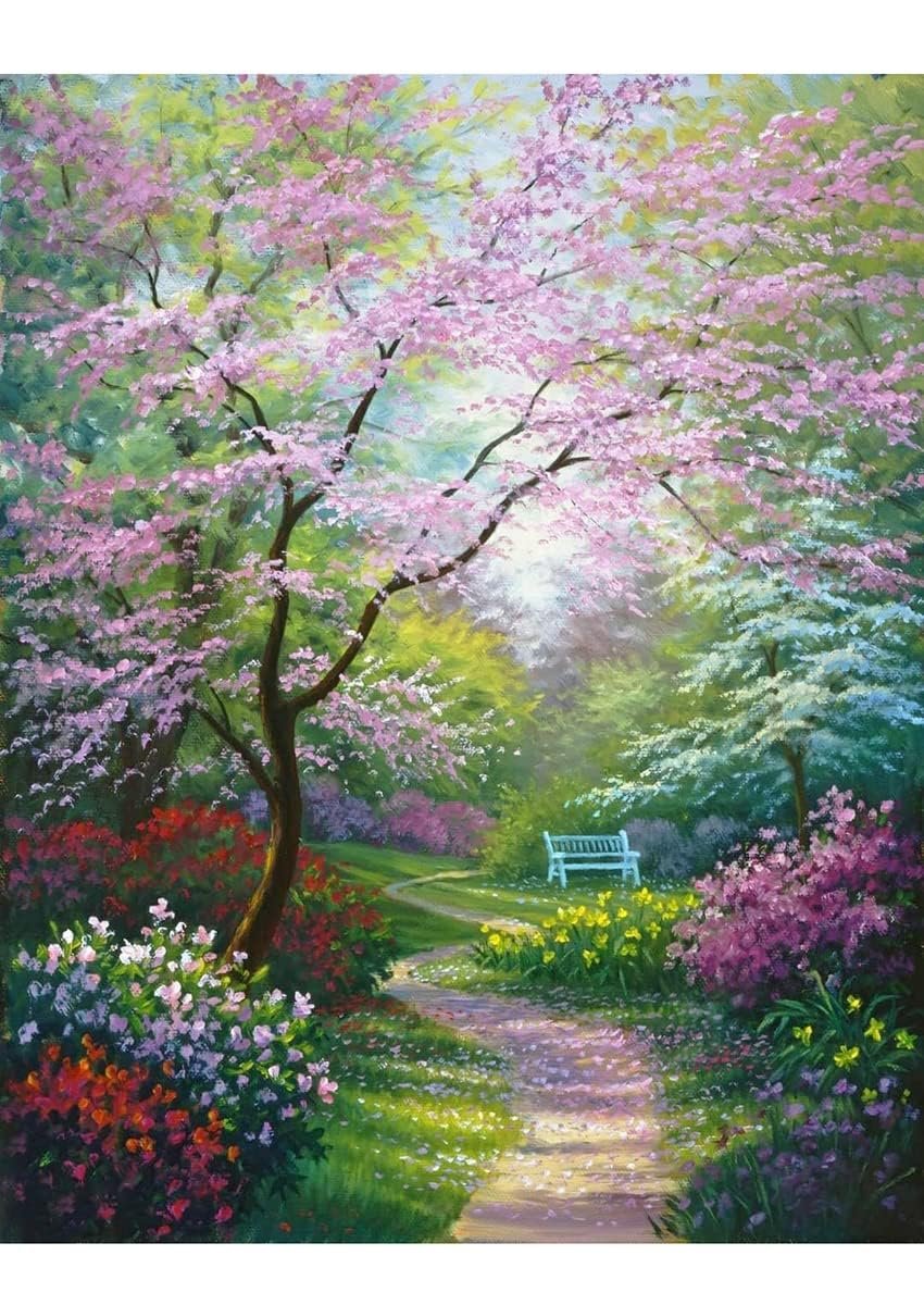 Diamond painting canvas depicting a serene garden path lined with blooming trees and flowers, leading to a white bench.