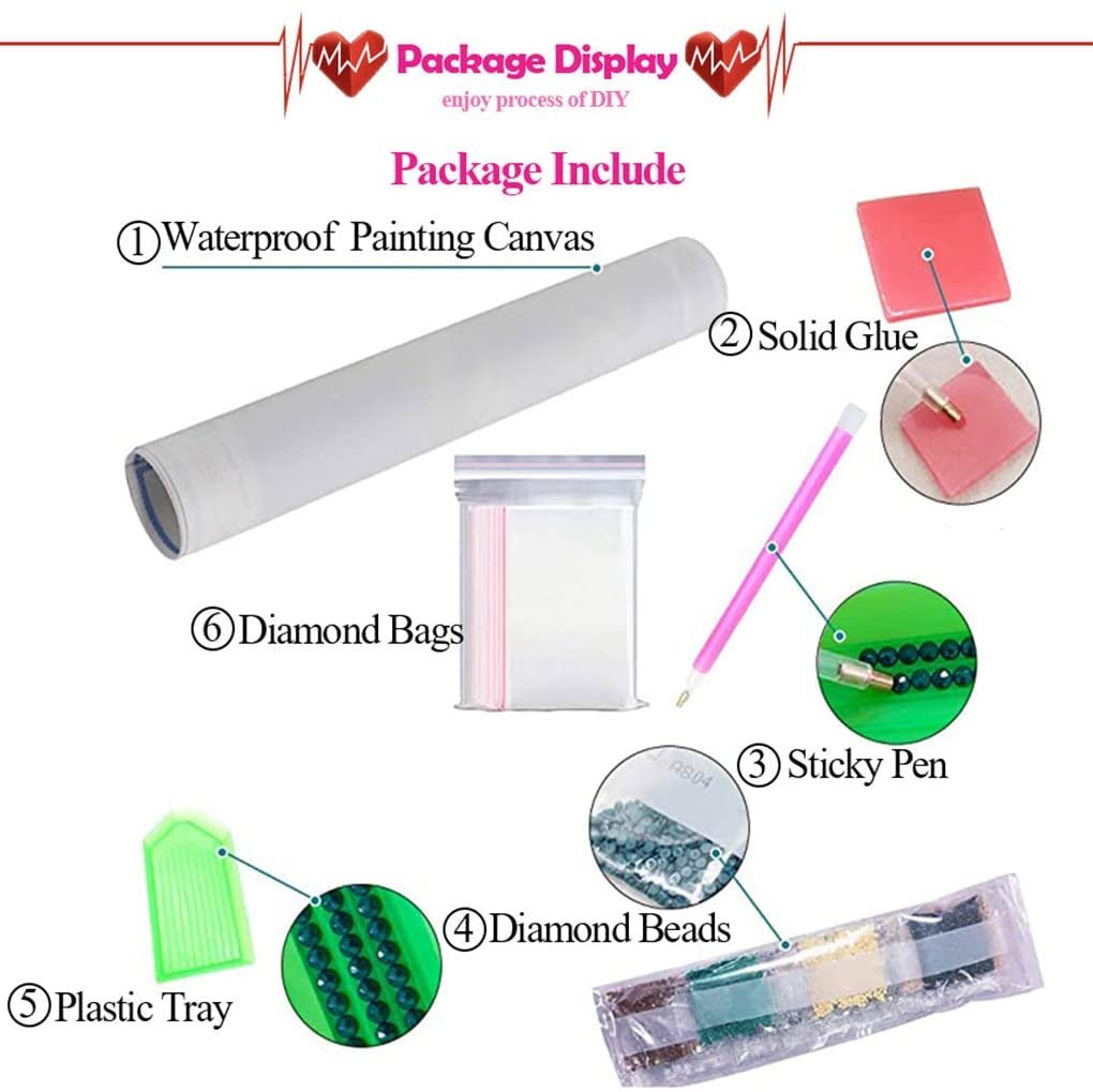 Diamond painting kit contents laid out, showing canvas, glue, pen, beads, tray, and bags.