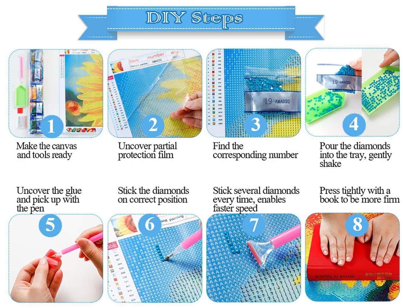 Diamond painting kit instructions showing 8 steps from preparing the canvas to pressing diamonds with a book.