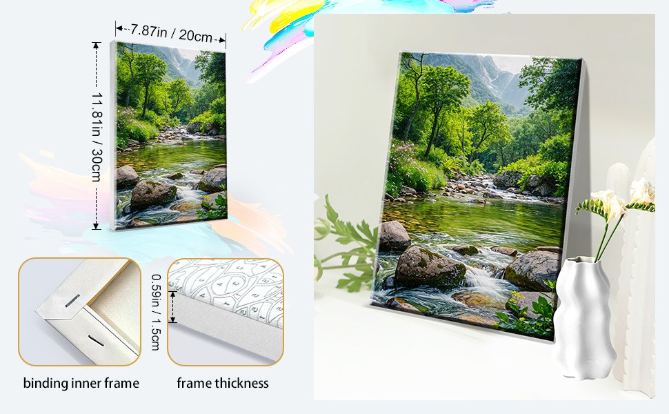 Framed landscape paint by number kit showing a stream flowing through a forest, with dimensions indicated.