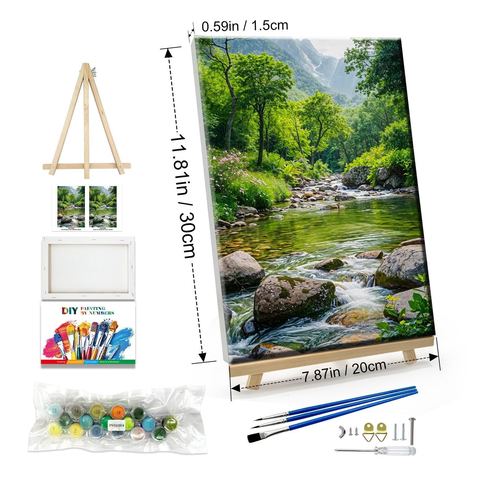 Paint by number kit contents including framed canvas, paints, brushes, and easel.