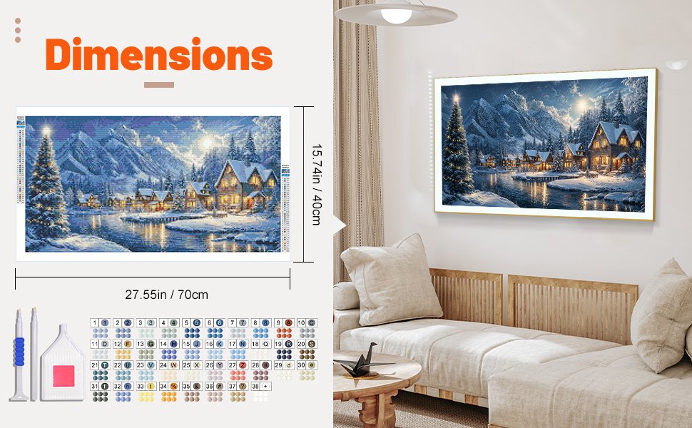 Diamond art kit showing a winter village scene with houses and a Christmas tree by a river, with dimensions and color key.