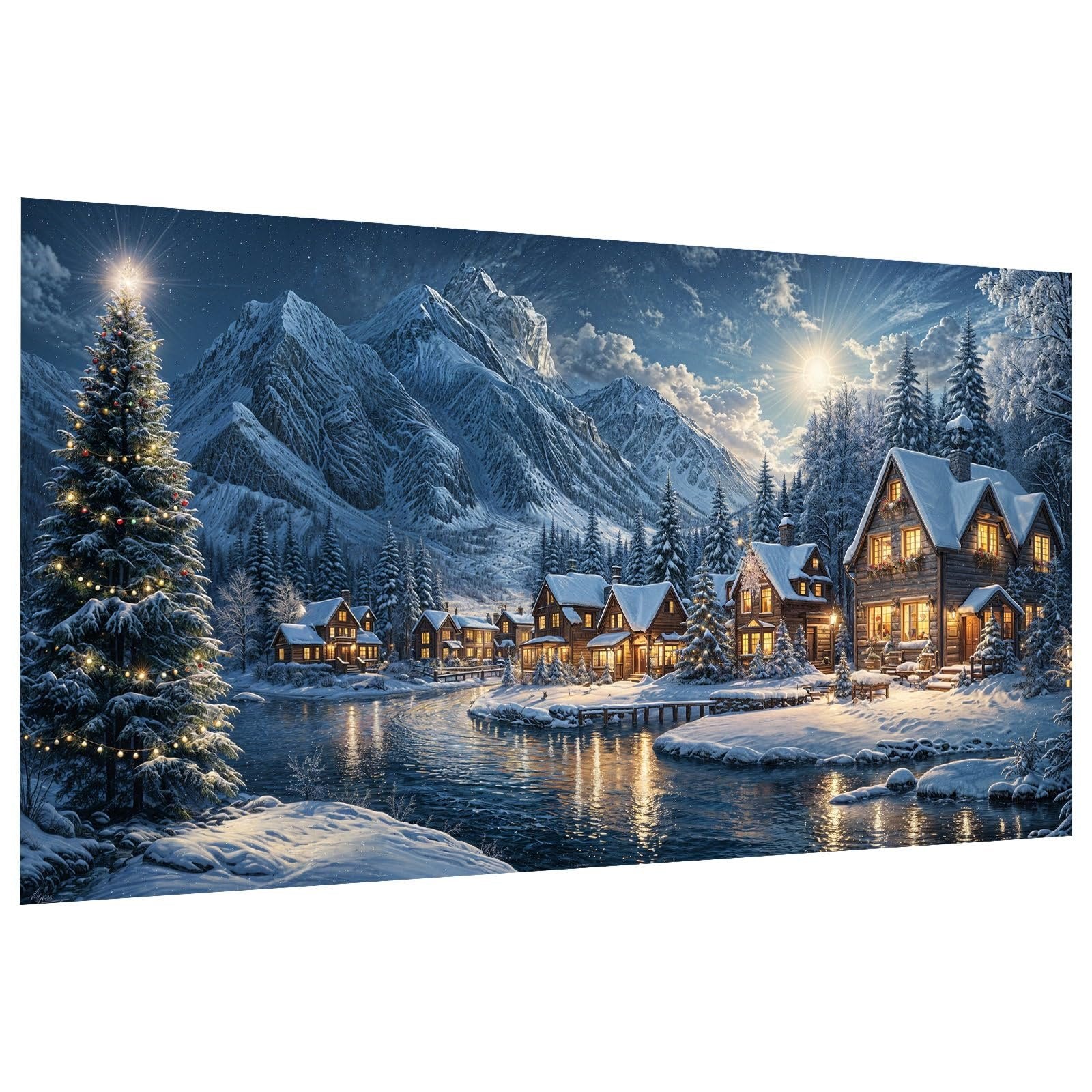 Winter village scene with a decorated Christmas tree by a lake and snow-covered mountains in the background.