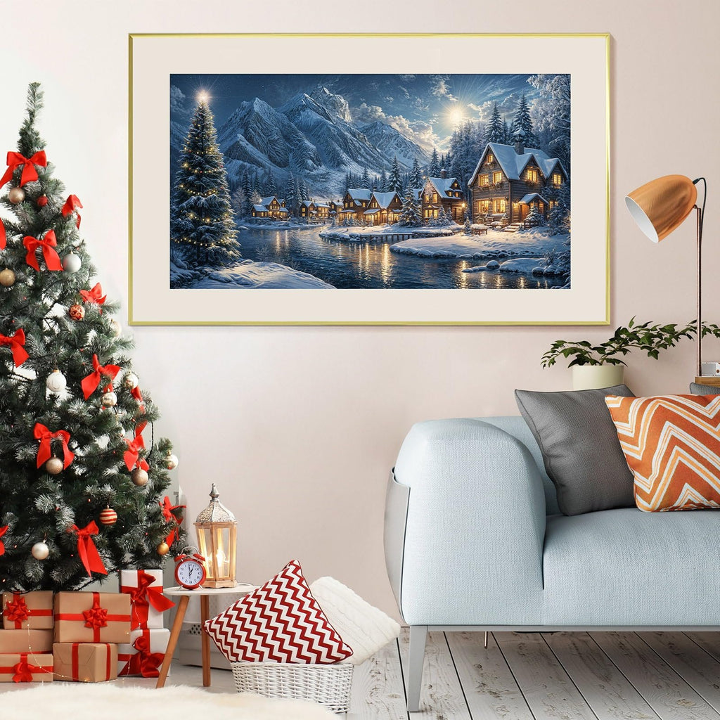 Christmas village scene painting hanging on wall next to decorated Christmas tree and sofa