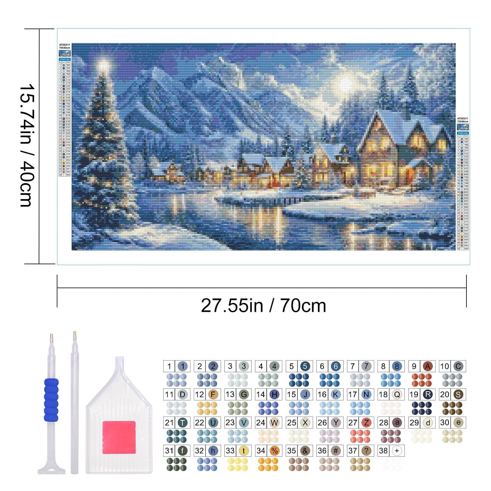 Large diamond art kit showing a winter village scene with a decorated Christmas tree, a frozen lake, and snow-covered mountains. Includes tools and color key.
