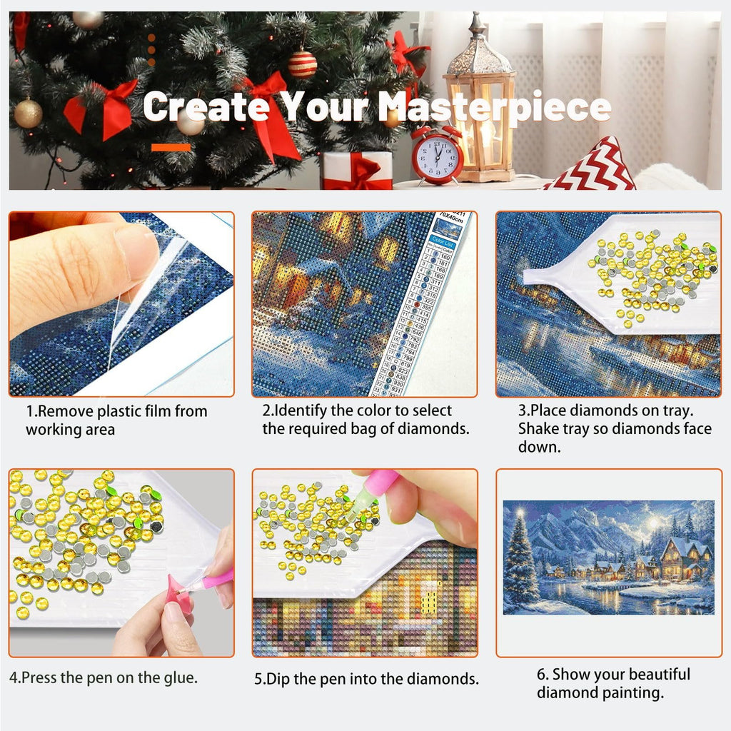 Diamond art kit instructions showing steps to create a winter scene painting with diamonds.