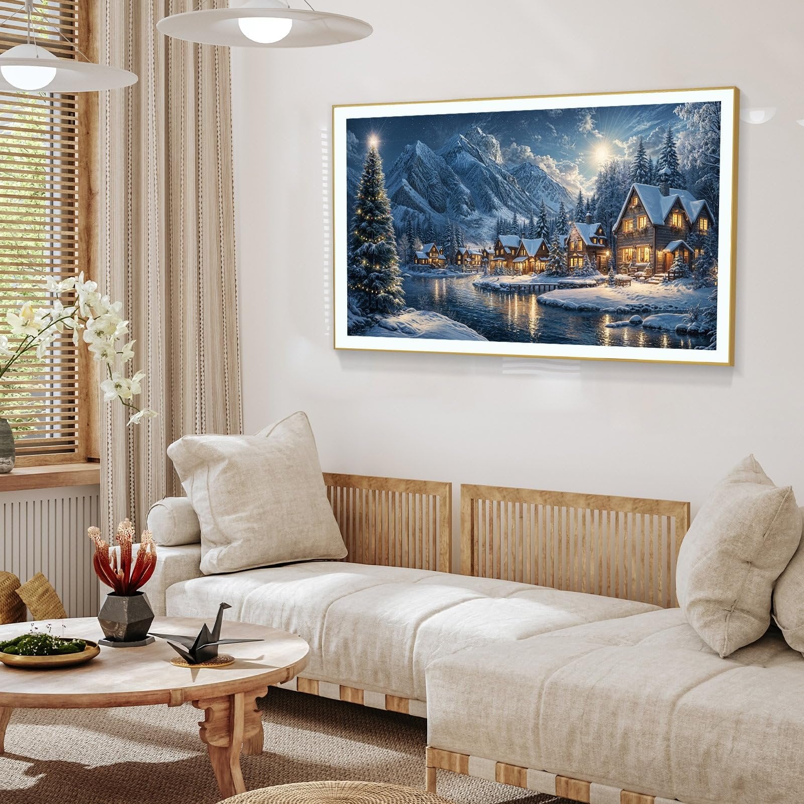 Diamond art painting of a snowy village with a Christmas tree and mountains, displayed above a sofa.