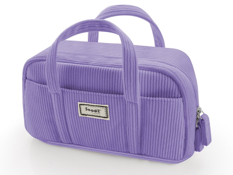 Purple corduroy pencil case with two handles and exterior pockets, shown from a 3/4 angle.