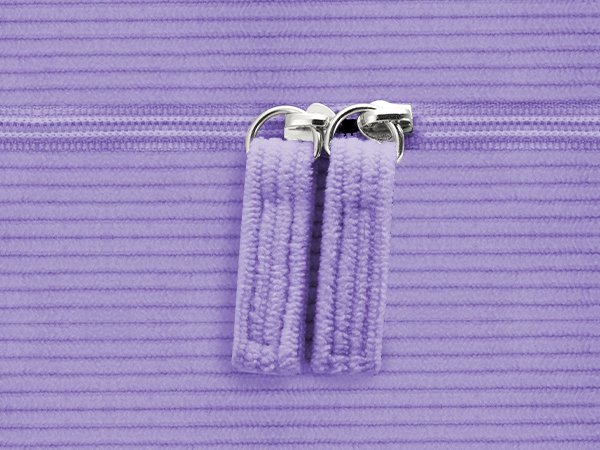 Close-up of a purple corduroy pencil case zipper with two fabric pulls.