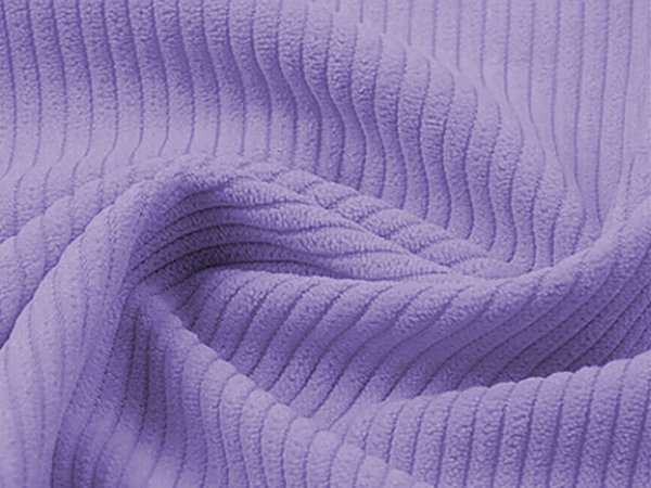 Close-up of purple corduroy fabric with vertical wales, showing texture and folds.