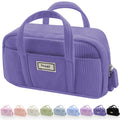 Purple corduroy pencil case with handles and front pockets, shown with other color options below