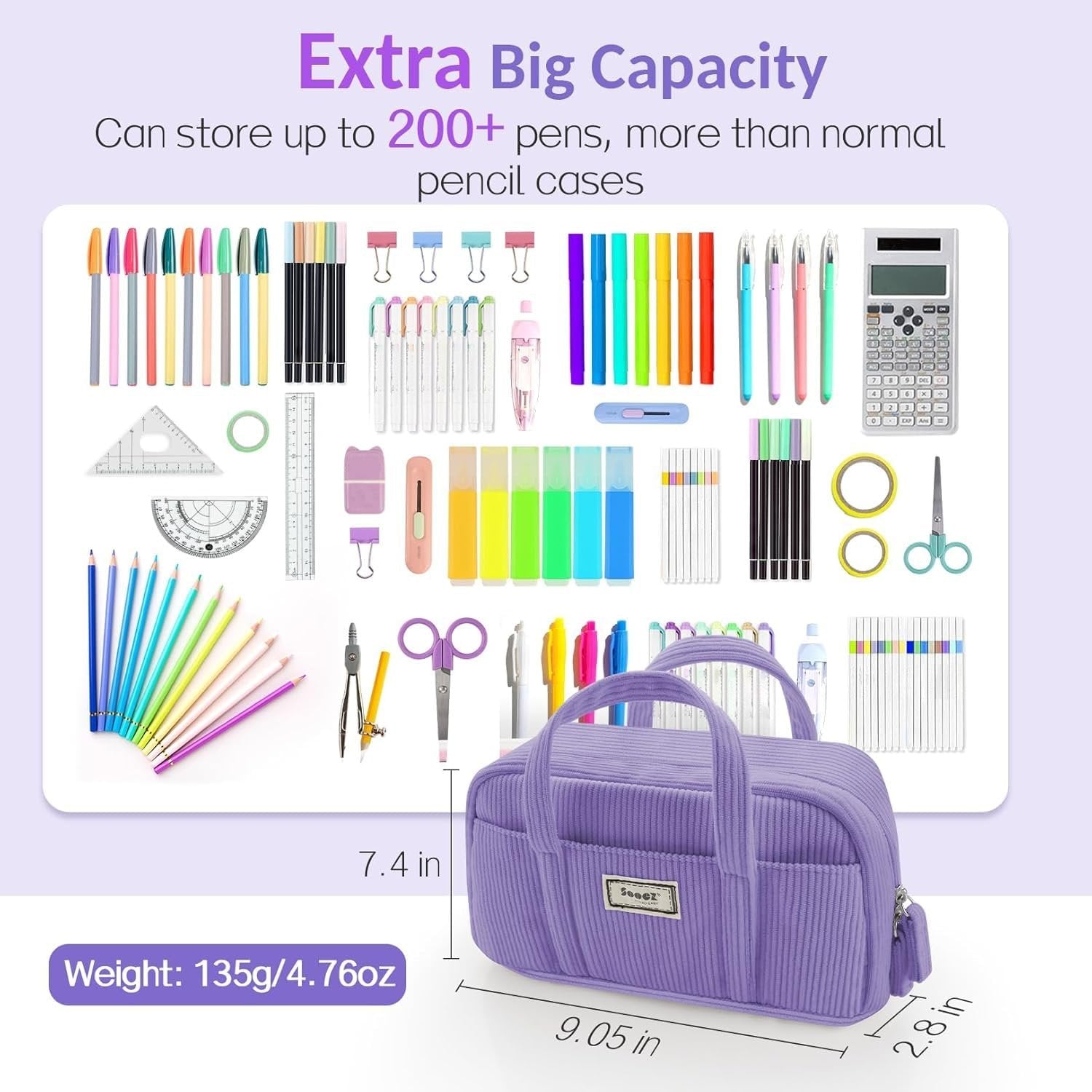 Purple corduroy pencil case with various art supplies and stationery, showing dimensions and capacity.