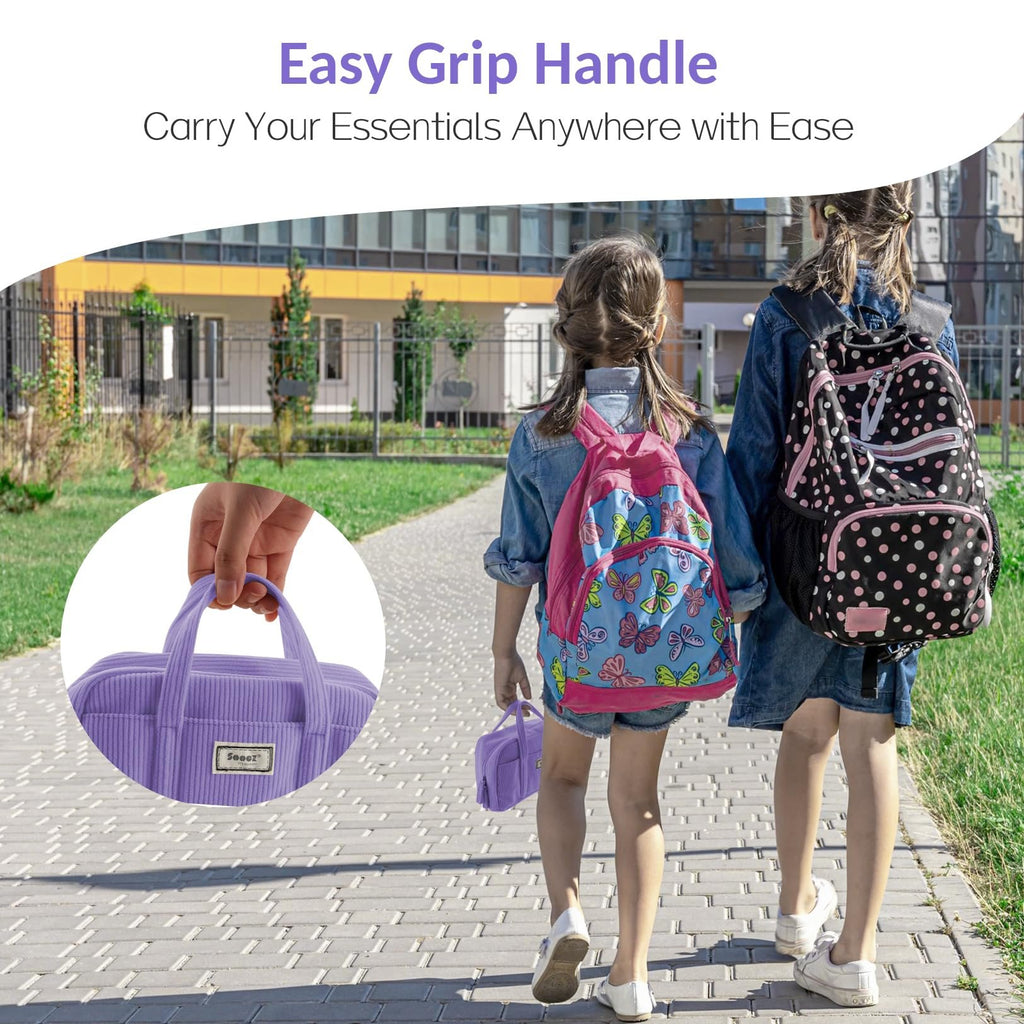 Two girls walking on a sidewalk with backpacks, one holding a purple corduroy pencil case.
