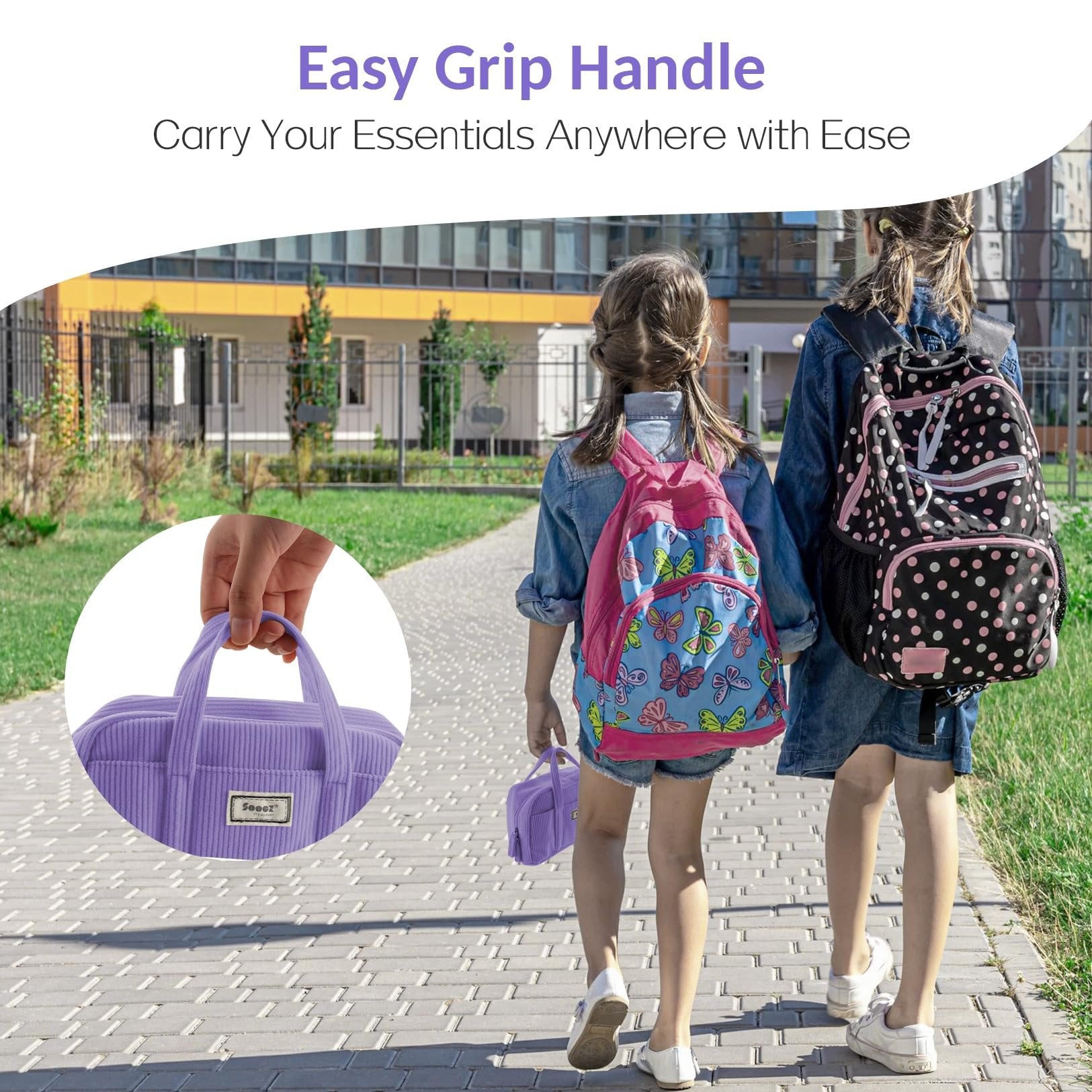 Two girls walking on a sidewalk with backpacks, one holding a purple corduroy pencil case.