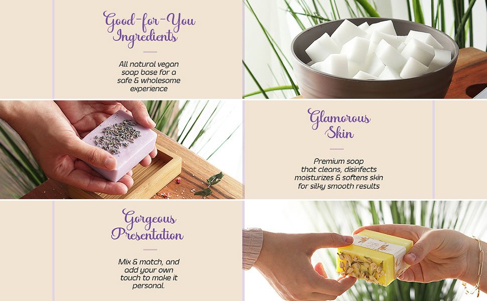 Collage of soap making kit benefits: ingredients, lavender soap, presentation, and glamorous skin with soap.