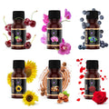 Six bottles of fragrance oil with corresponding fruit and floral imagery: cherry, orchid, blueberry, sunflower, vanilla hazelnut, and rose.