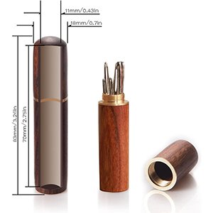 Wooden storage case for darning needles, shown closed, open with needles, and with cap removed, with dimensions indicated.