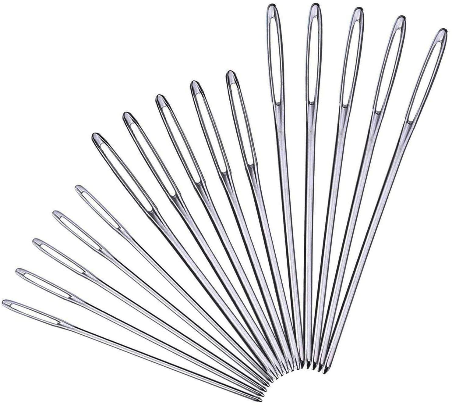 Set of 15 large eye blunt darning needles fanned out on a white background, showing various sizes.