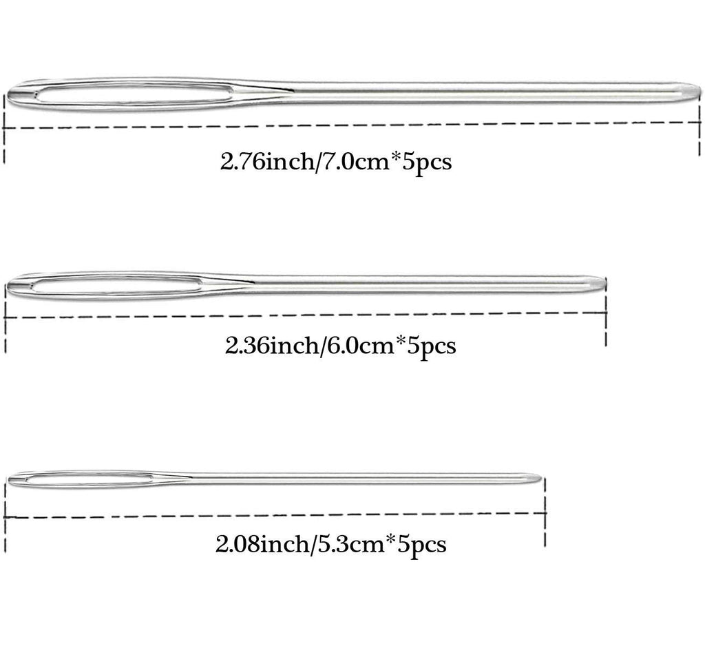 Three sizes of large eye blunt darning needles shown with measurement lines and quantity indicators.