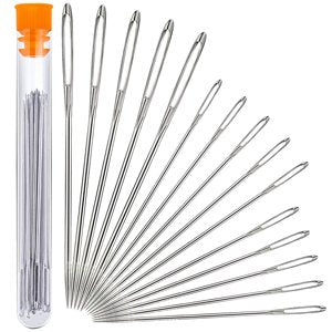 Large eye sewing needles in a storage bottle, 15 stainless steel needles shown fanned out.