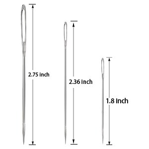 Three stainless steel sewing needles showing different sizes with measurement callouts.