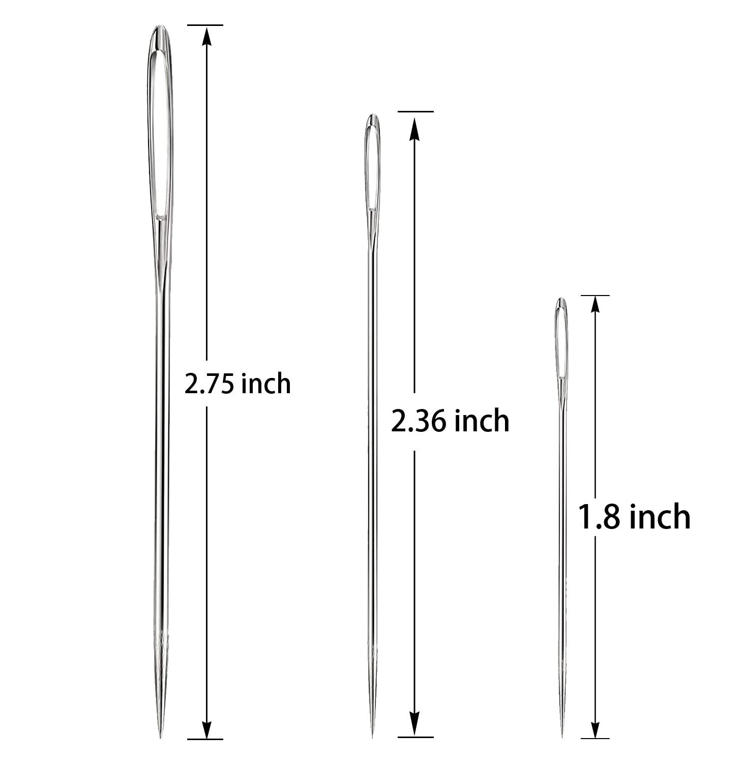 Three stainless steel sewing needles of varying sizes with length indicators: 2.75 inch, 2.36 inch, and 1.8 inch.