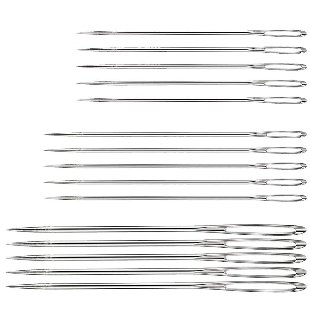 Set of 15 stainless steel large eye sewing needles in three different sizes, arranged in rows on a white background.