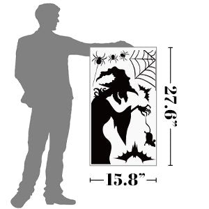 Silhouette of a person holding a sheet of Halloween window clings featuring a witch, bats, spiders, and webs.
