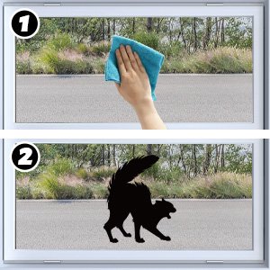 Two-panel image showing how to apply Halloween window clings. Top panel: hand cleaning window with blue cloth. Bottom panel: black cat silhouette cling applied to window.