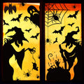 Halloween window clings featuring witches, bats, spiders, a ghost, and a cauldron on a yellow-orange background.