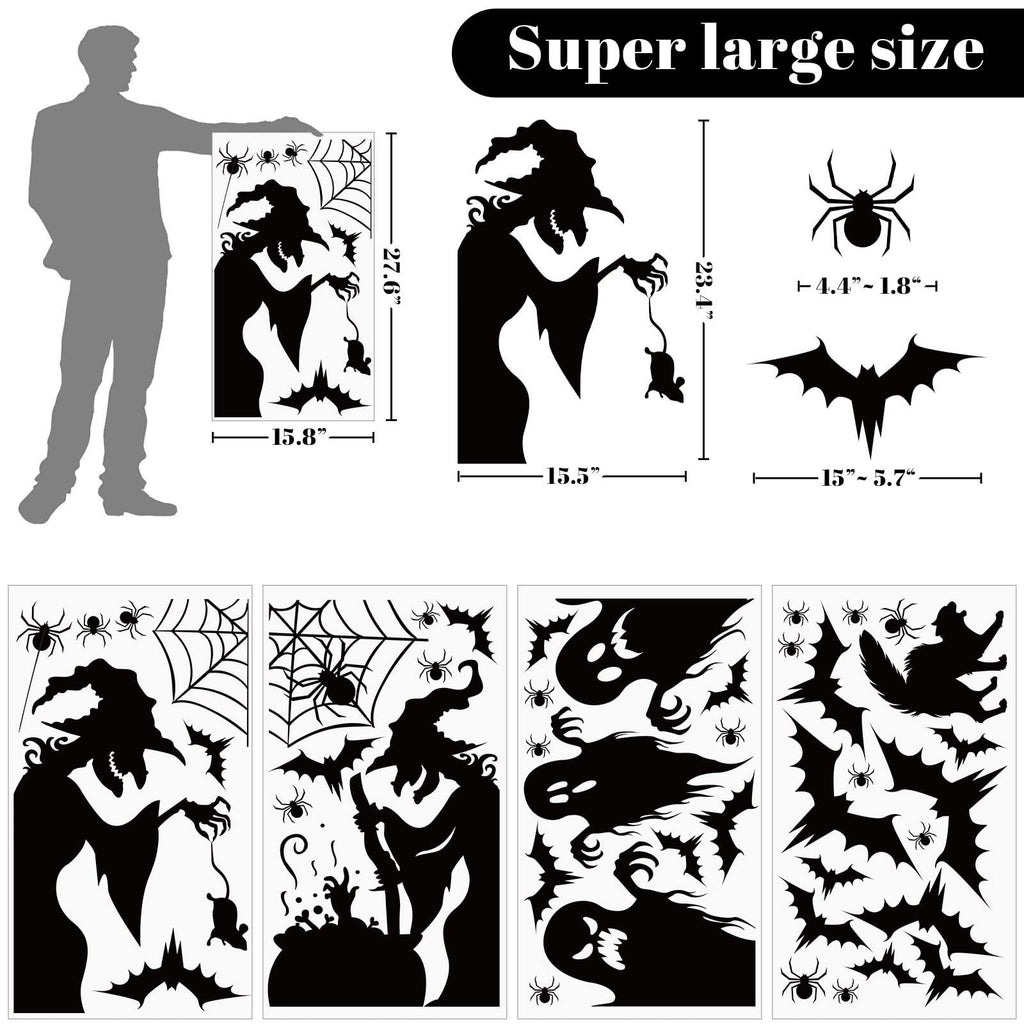 Halloween window clings featuring witches, bats, spiders, webs, and ghosts with size dimensions shown.