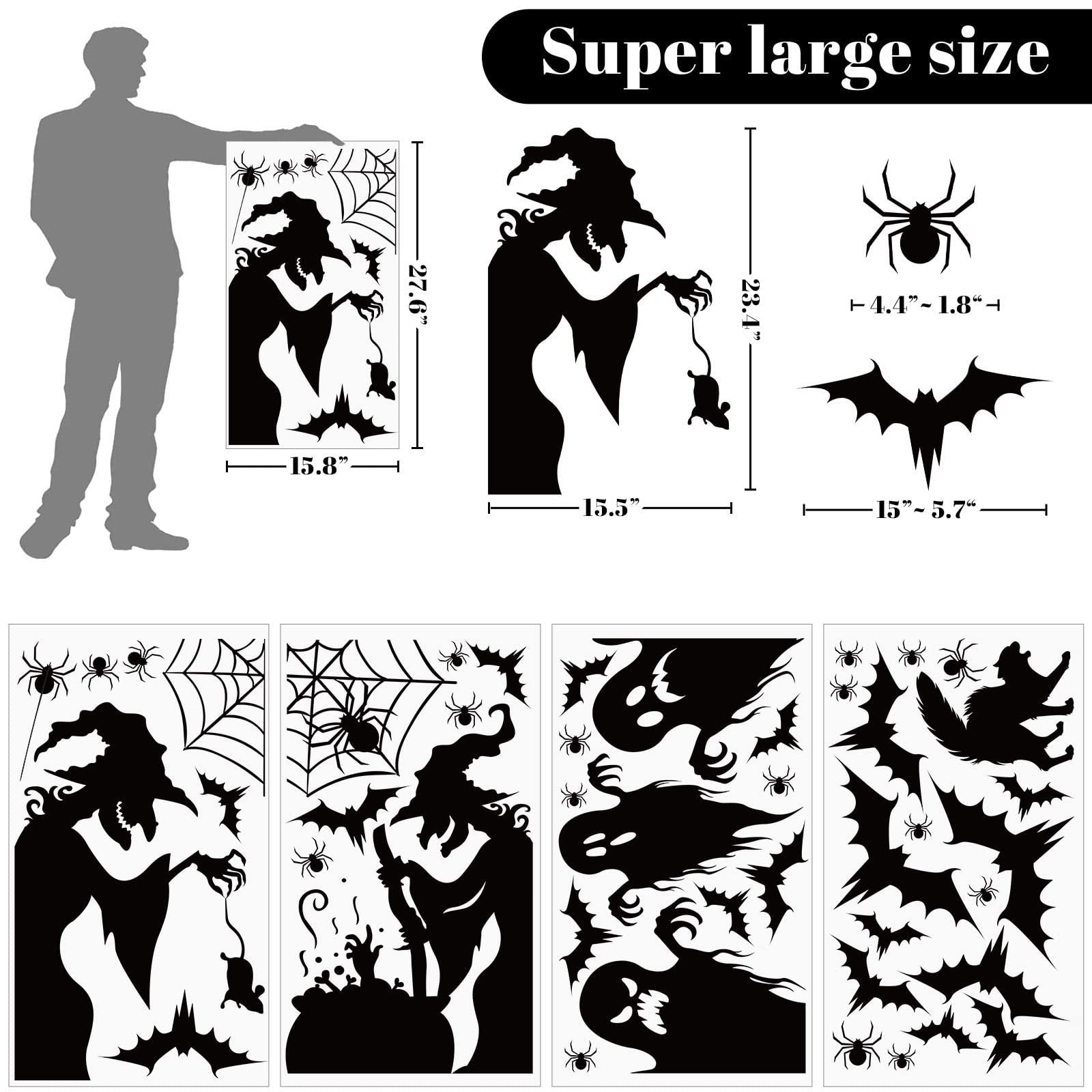 Halloween window clings featuring witches, bats, spiders, webs, and ghosts with size dimensions shown.