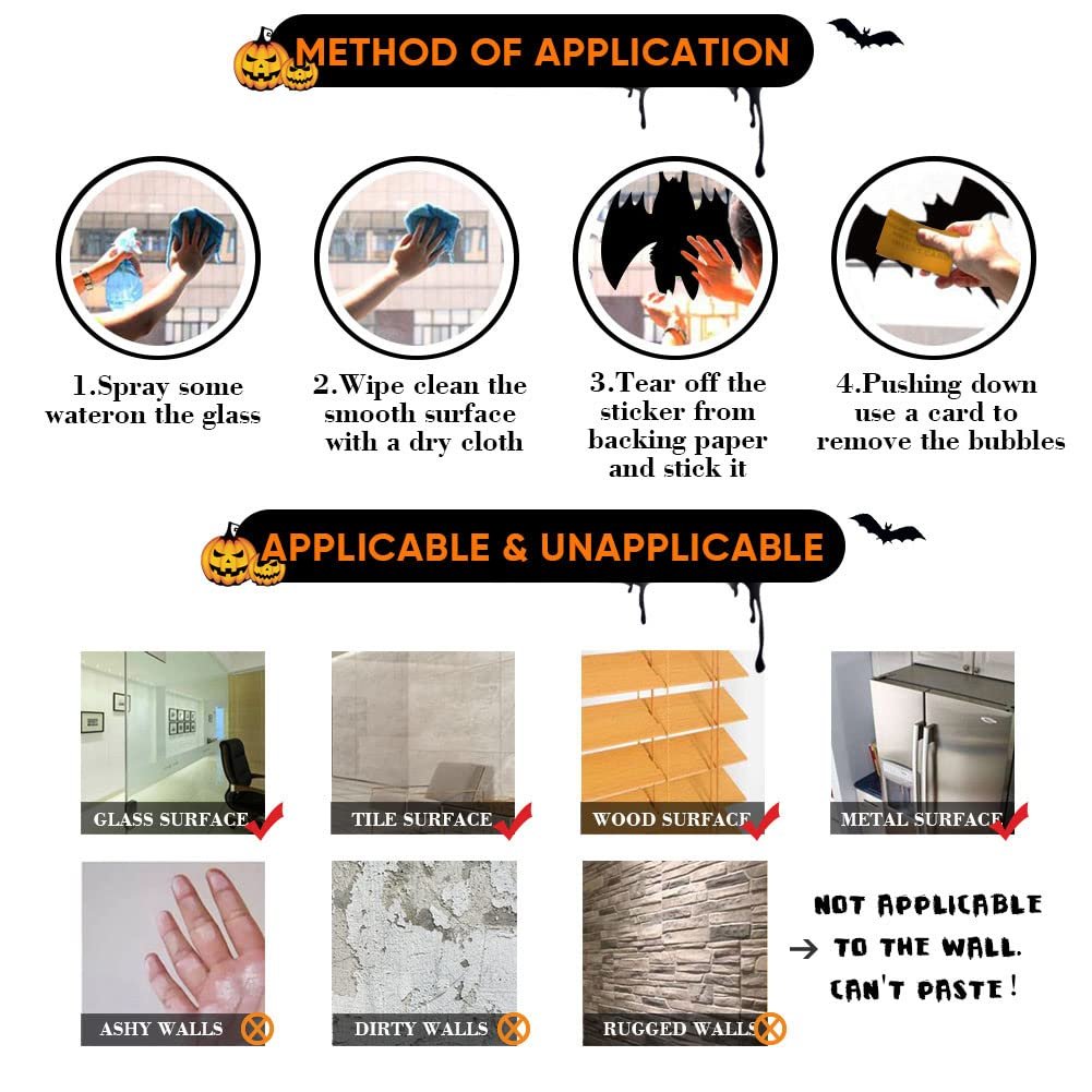 Instructions for applying Halloween window clings, showing method of application and applicable/unapplicable surfaces.