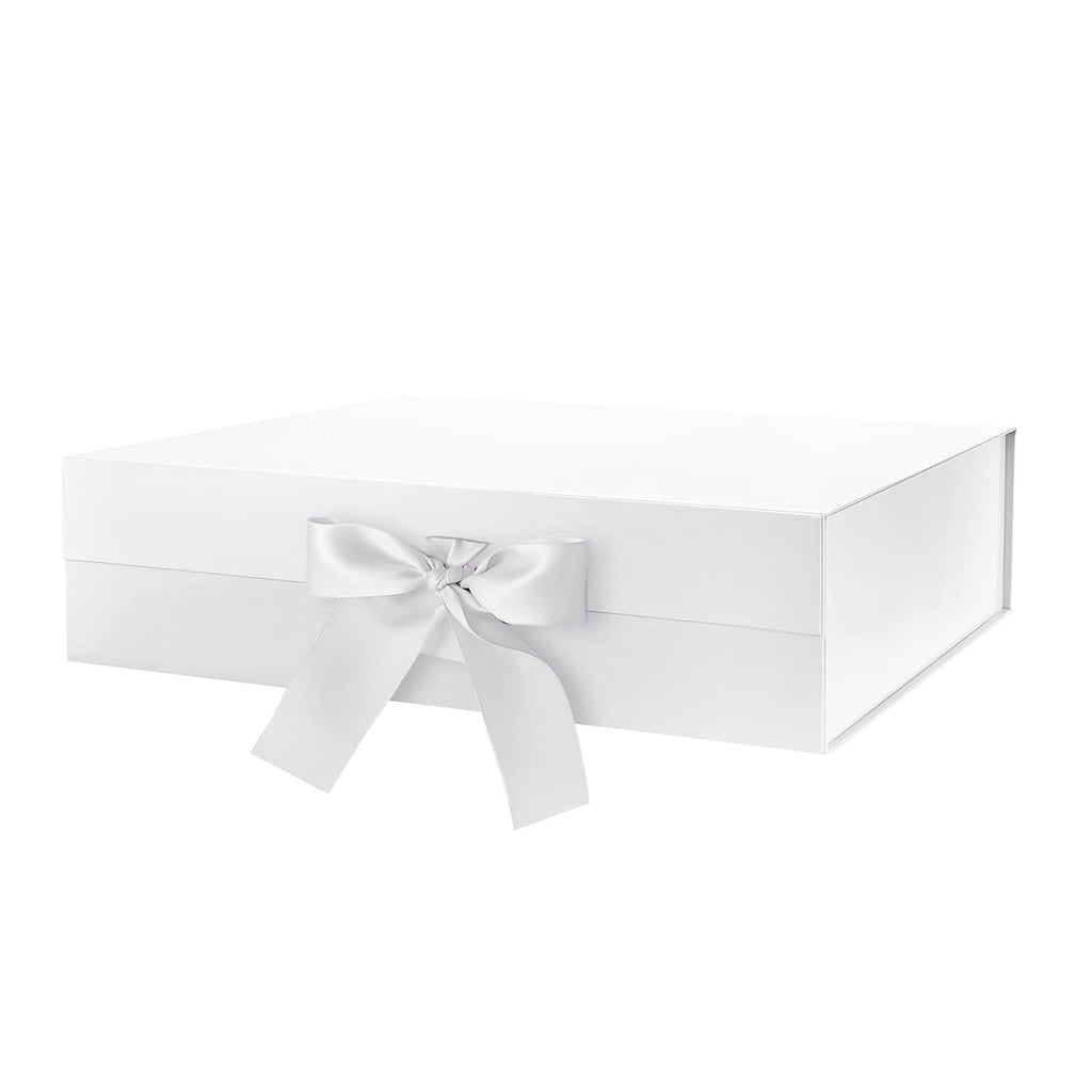 Closed white magnetic gift box with a satin ribbon tied in a bow on the front, shown at an angle on a white background.