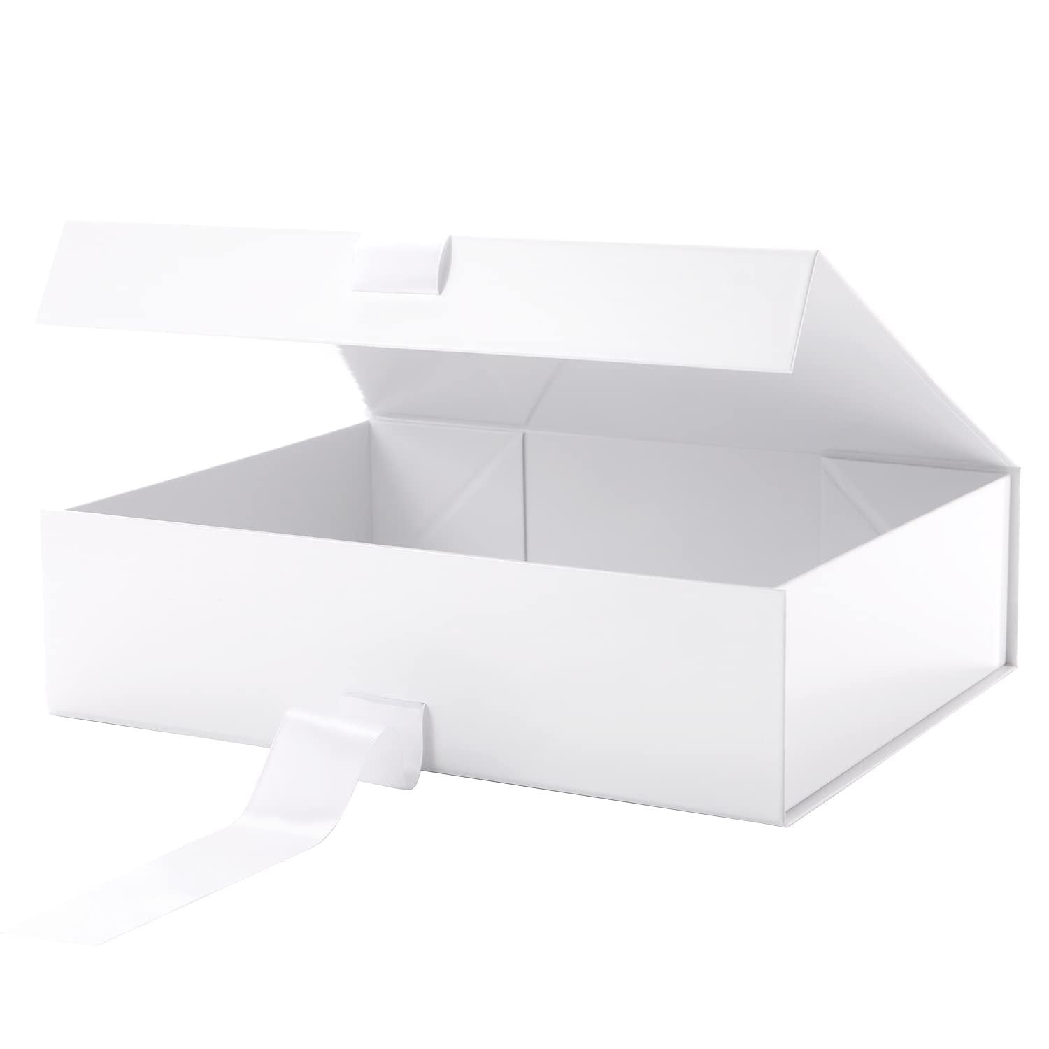 Open white magnetic gift box with a satin ribbon trailing from the side, shown from a three-quarter angle against a white background.