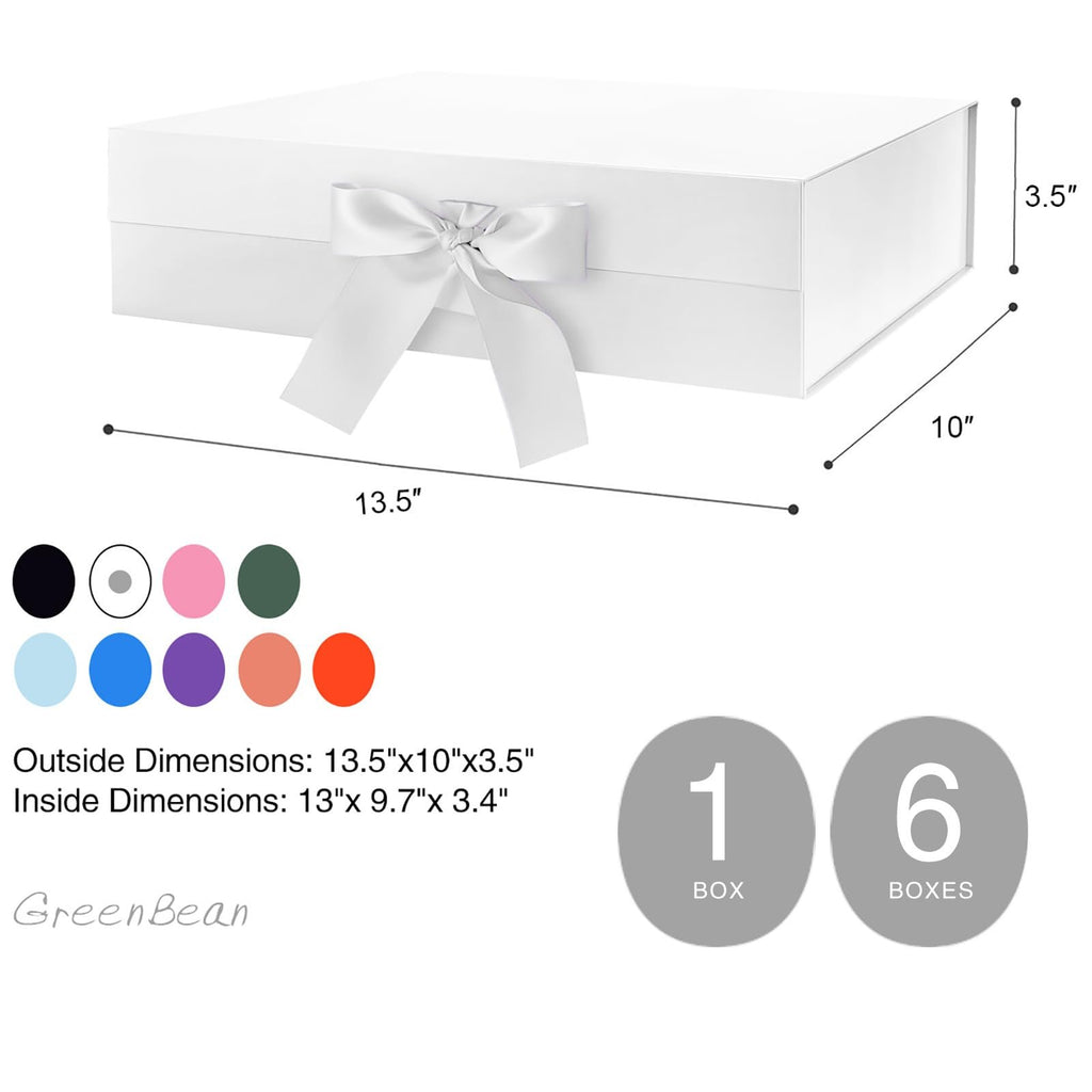 White magnetic gift box with ribbon, showing dimensions and color options.
