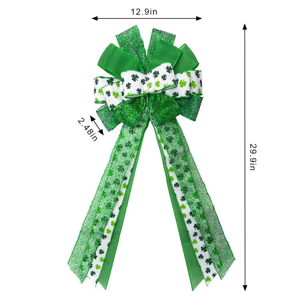 Green glitter plaid St. Patrick's Day bow with shamrock pattern ribbons, showing dimensions 29.9in height and 12.9in width.