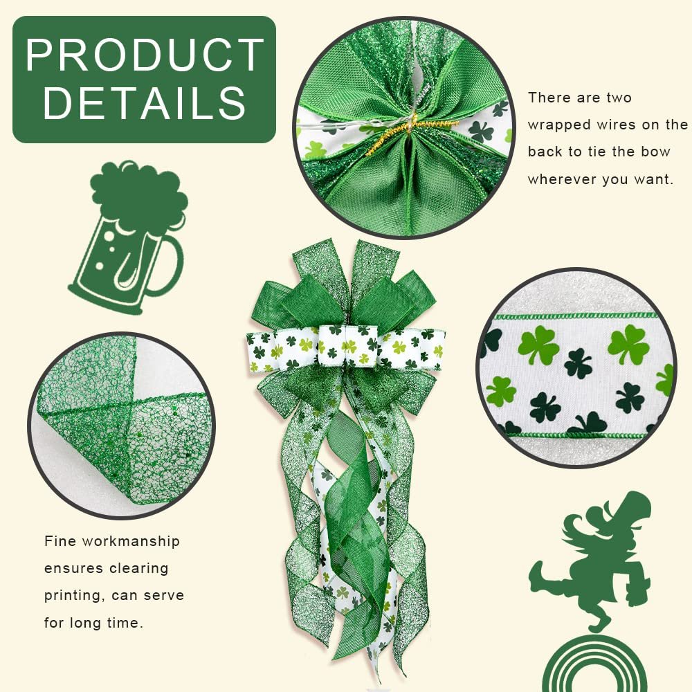 St. Patrick's Day bow with green glitter plaid and shamrock patterns, shown with detail shots and text callouts.