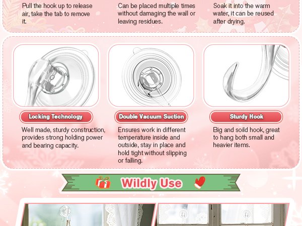 Clear suction cup wreath hanger hooks with text explaining locking technology, double vacuum suction, and sturdy hook features.