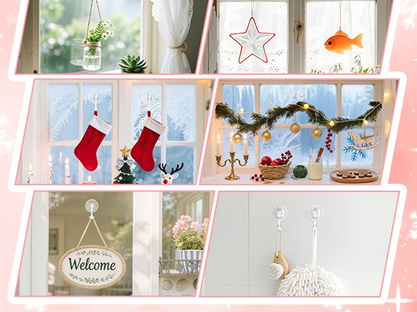 Collage of suction cup hooks used for holiday decorations and everyday items.