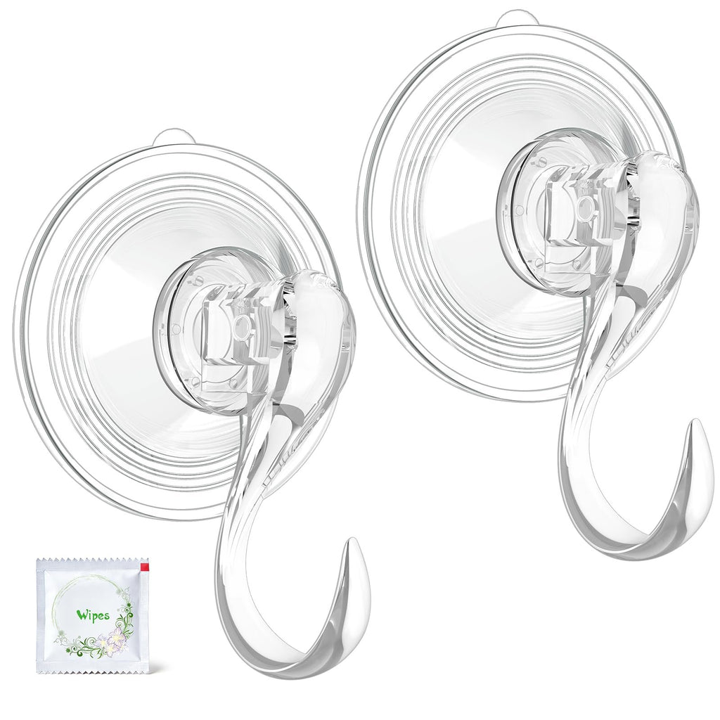 Two clear suction cup wreath hanger hooks with a small packet of wipes on a white background.