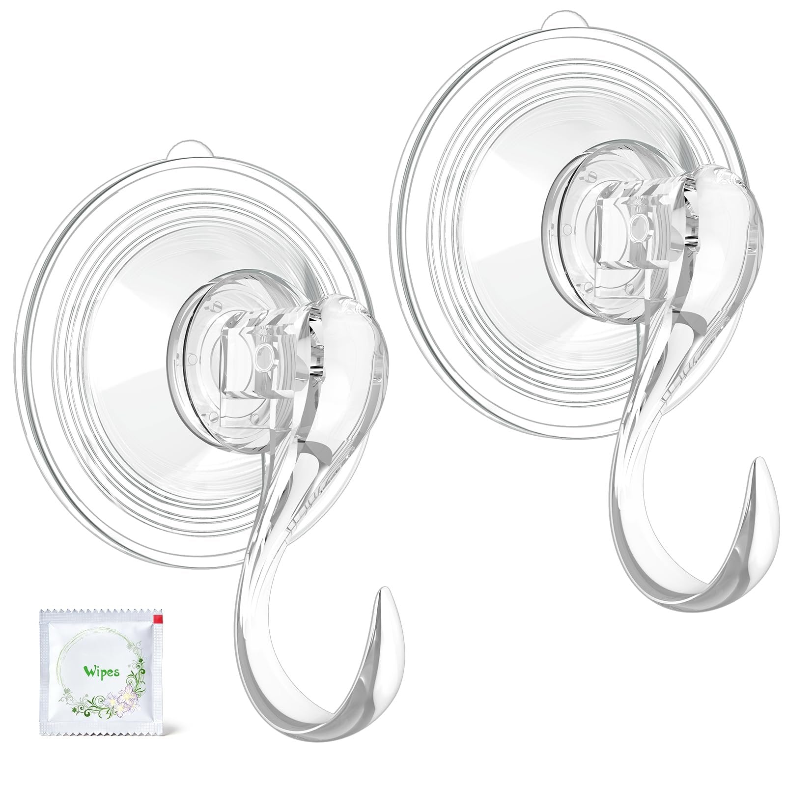 Two clear suction cup wreath hanger hooks with a small packet of wipes on a white background.