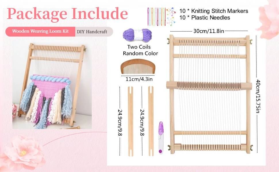 Wooden weaving loom kit contents including loom, yarn, comb, needles, stitch markers, and scissors with dimensions.
